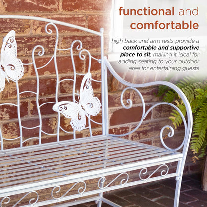 Alpine Corporation 43" L Indoor/Outdoor 2-Person Metal Garden Bench with Butterfly Backrest, White