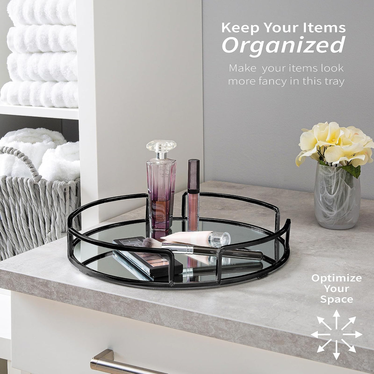 Home Details Bandeja de Cambiador con Espejo Negro Mate con diseño Redondo Moderno para Cambiador, Perfume, computadora, Organizador de cosméticos y Joyas, Decorativo, (26424-MATTEBLK)