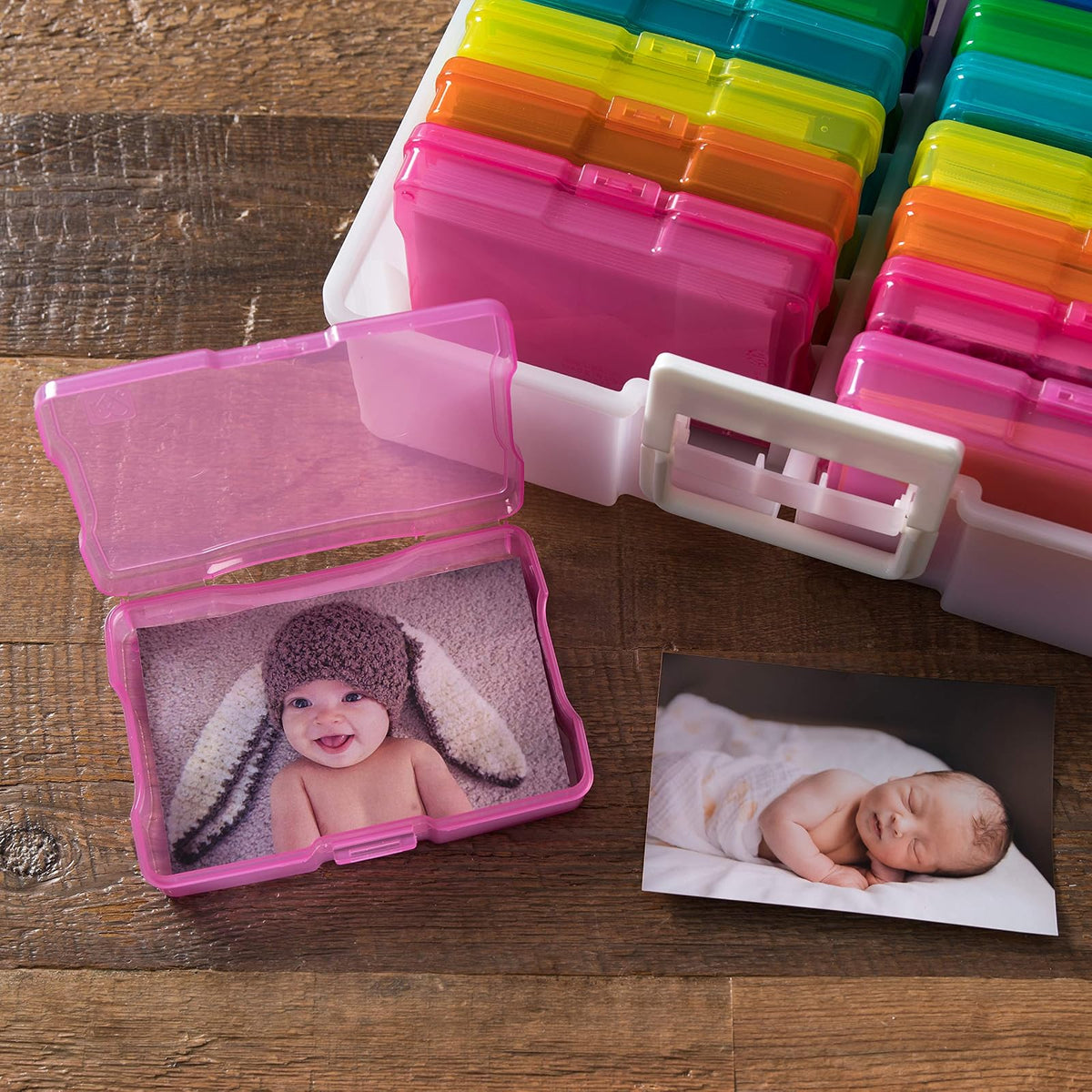 IRIS USA Caja Organizadora para Fotos, 16 Estuches, 2 Piezas, Perla/Multi | Compatible con fotos 4"x6", asa integrada, organizador para tareas, calcomanías, recortes y tarjetas didácticas