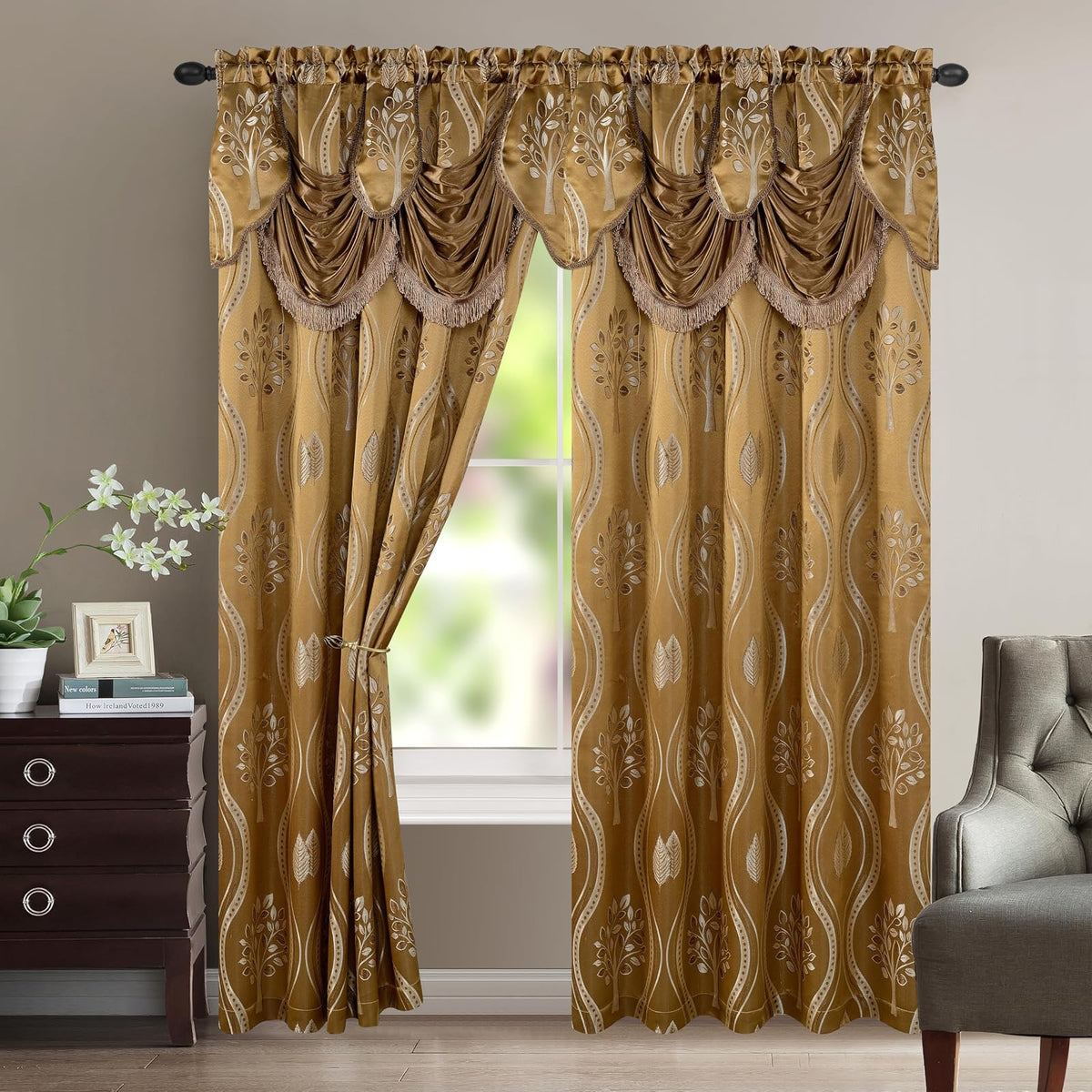 Elegant Comfort Aurora Cortinas Aspecto Jacquard con Cenefa Adjunta - Marrón topo