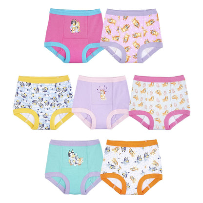 Bluey - Paquete de 7 pantalones de entrenamiento para ir al baño unisex con pegatinas y tabla de éxito, tallas 18 M, 2t, 3t y 4t, Paquete de 7 Bluey, 2 Años