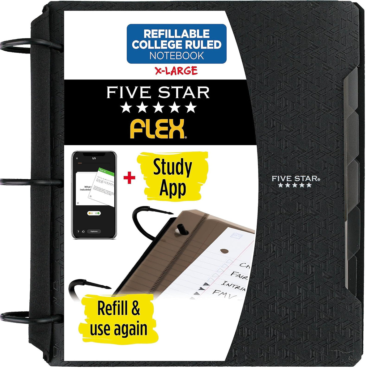 Five Star Cuaderno/Carpeta Híbrido Flex NoteBinder, 80 Hojas Rayadas, 3 Anillos TechLock 1 1/2", Negro