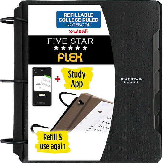 Five Star Cuaderno/Carpeta híbrido, Flex Hybrid NoteBinder, 60 hojas Rayadas, 3 anillos TechLock de 1" y 5 separadores. Negro. 29326AA2