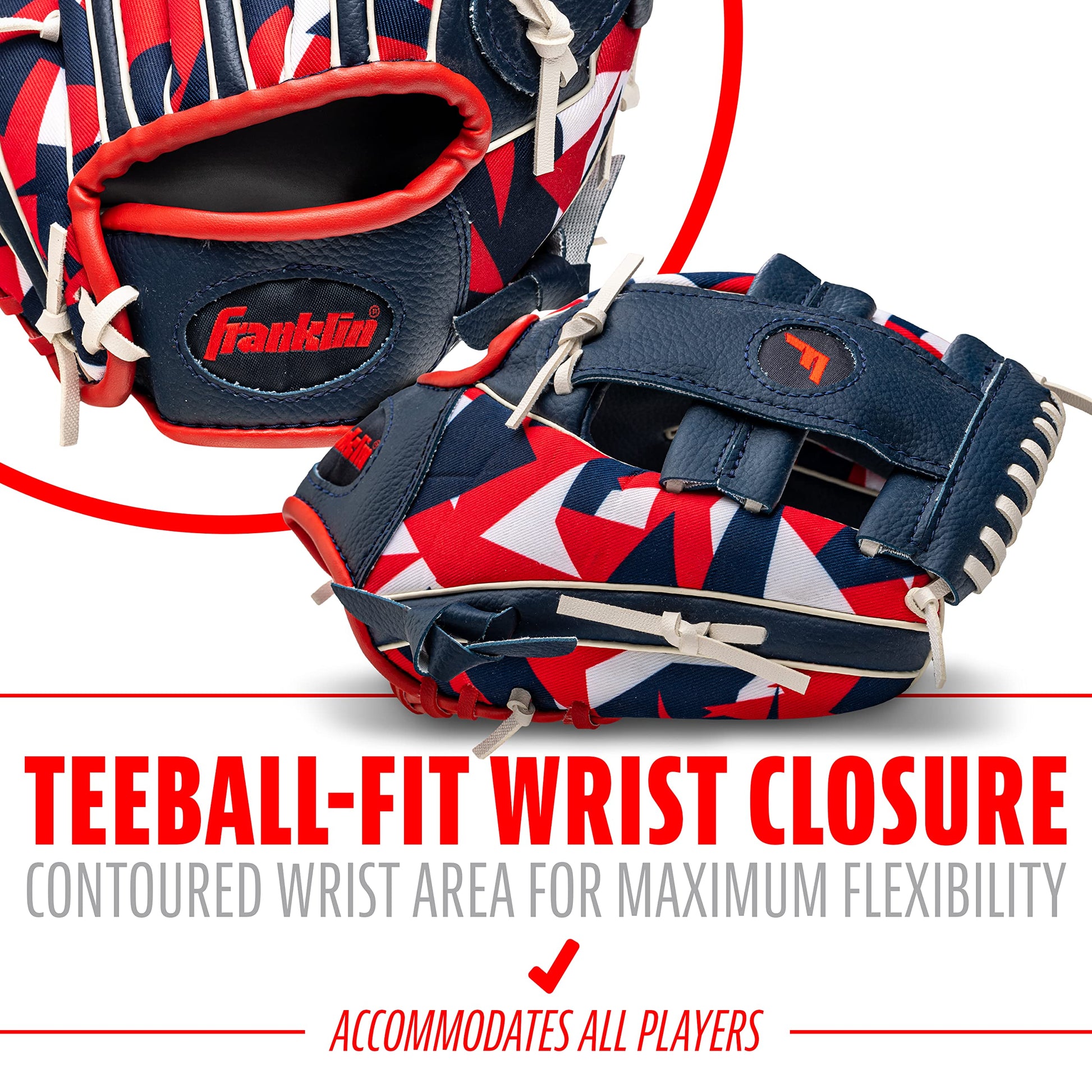 Franklin Sports 22858 Guantes de béisbol Unisex para Adolescentes de 9.5 Pulgadas, para niños, niñas, jóvenes, Azul Marino/Rojo, Talla 9.5 de EE. UU