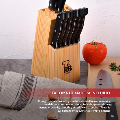 Renberg Tenessy - Cuchillos de bloque de acero inoxidable, plástico, madera, negro, 30 x 30 x 30 cm