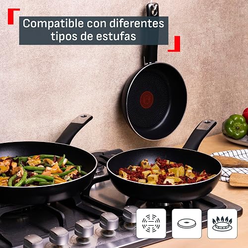 T-fal Juego de 3 Sartenes de 20, 24 y 30 cm Hard Titanium Plus con antiadherente titanium 2X, altamente resistente con Termo Señal y difussion base, mango ergonómico y muy compatible, negro, C3829082
