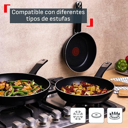 T-fal Juego de 3 Sartenes de 20, 24 y 30 cm Hard Titanium Plus con antiadherente titanium 2X, altamente resistente con Termo Señal y difussion base, mango ergonómico y muy compatible, negro, C3829082