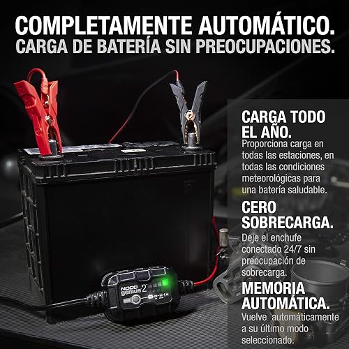 NOCO GENIUS2: Cargador de batería Inteligente 6V/12V 2A – Mantenedor automático, Cargador Lento y desulfatador con protección contra sobrecarga y compensación térmica – para baterías Plomo y Litio