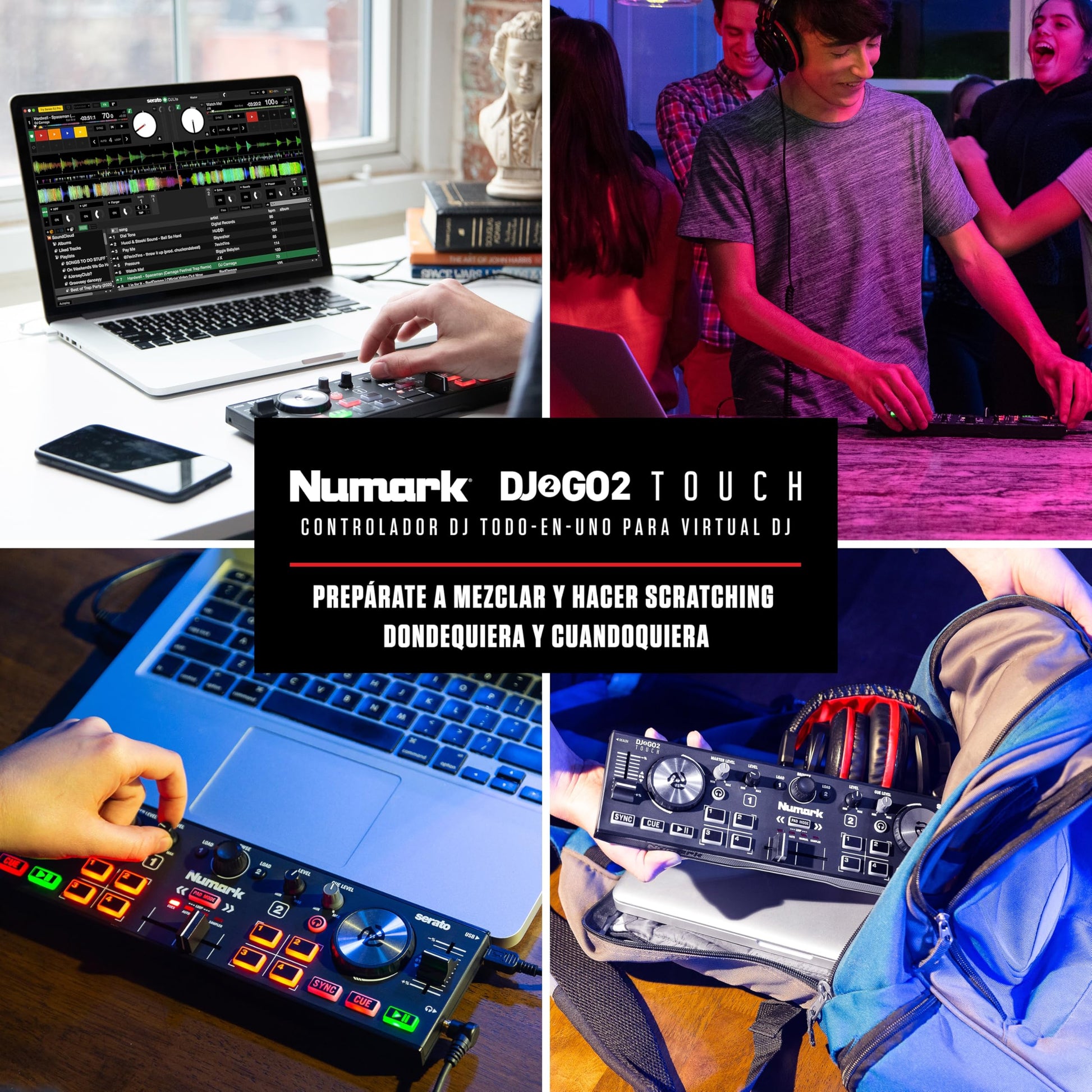 Numark DJ2GO2 Touch - Mini controlador DJ USB, 2 decks para Serato DJ con mezclador/crossfader, interfaz de audio y jog wheels de sensibilidad táctil