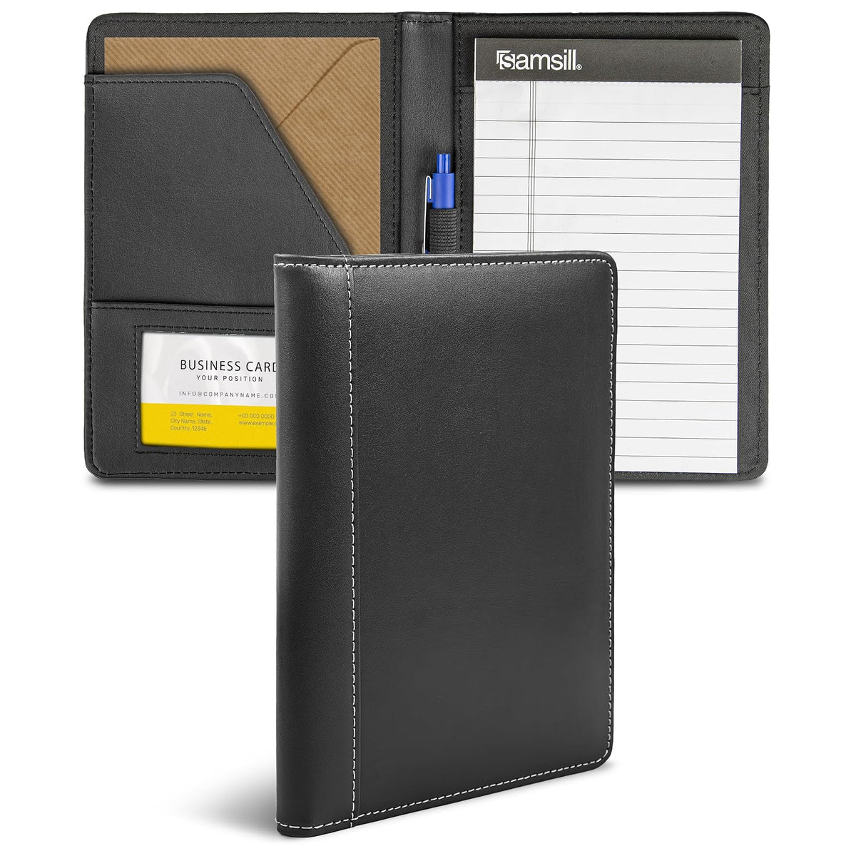 Samsill Portafolio de piel sintética de punto de contraste, tamaño pequeño, para entrevistas de negocios, incluye almohadilla de escritura de 5 x 8 pulgadas, color negro - Negro -