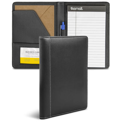 Samsill Portafolio de piel sintética de punto de contraste, tamaño pequeño, para entrevistas de negocios, incluye almohadilla de escritura de 5 x 8 pulgadas, color negro - Negro -