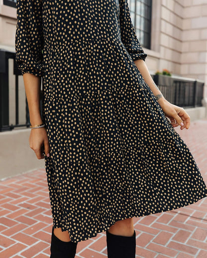 The Drop @fashion_jackson - Vestido Midi Escalonado de Manga 3/4 con Lunares, Negro/Marrón