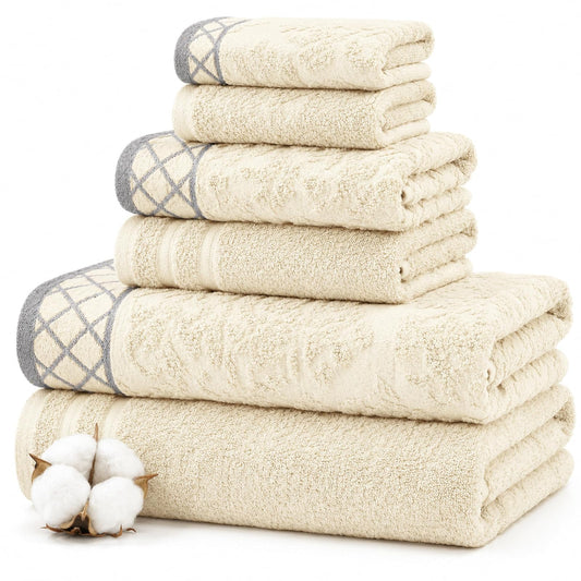 Modern Threads Juego de 6 Toallas de algodón Peinado de Damasco, ultrasuave, 550 g/m², 100% con Bordes Adornados [Marfil]
