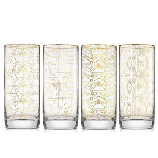 JoyJolt Star Wars Cristalería. 'Deco' - Juego de 4 vasos Highball de 13 onzas de Star Wars Vaso de vidrio Highball con Darth Vader en una copa de vidrio retro Vasos altos para agua potable para cocina