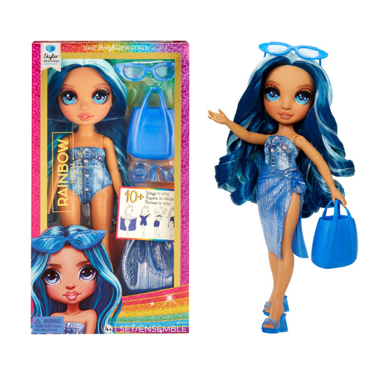 Rainbow High Swim & Style - Skyler (Azul) - Muñeca de 28 cm con Pareo para más de 10 Estilos - Traje de baño removible, Sandalias, Accesorios - para niños y niñas - Edades: 4-12 años