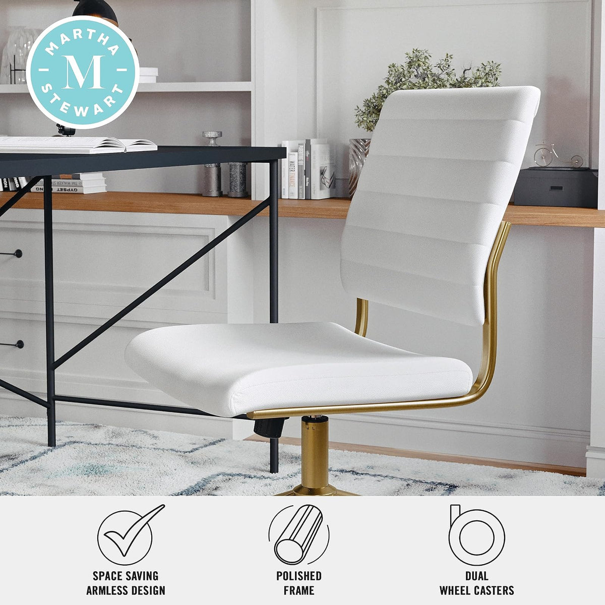 Martha Stewart Ivy Silla giratoria sin Brazos para Oficina en casa en Piel sintética Blanca con Marco de latón Pulido