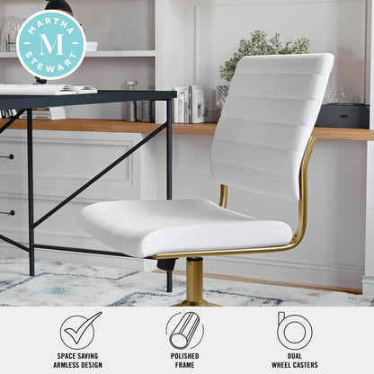 Martha Stewart Ivy Silla giratoria sin Brazos para Oficina en casa en Piel sintética Blanca con Marco de latón Pulido
