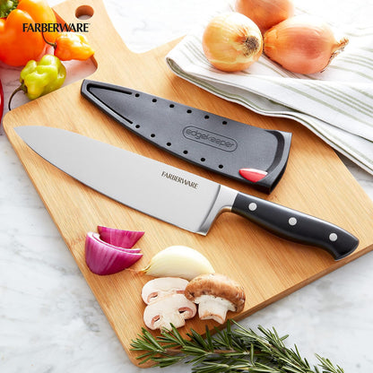 Farberware Edgekeeper Cuchillo de chef forjado triple remachado de 8 pulgadas con cubierta de hoja autoafilable, cuchillo de cocina de acero inoxidable de alto carbono con mango ergonómico, cuchillo