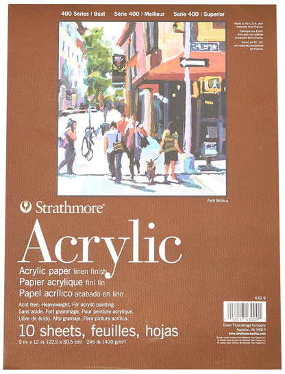 Strathmore Serie 400 - Bloc de Papel acrílico, Acabado de Lino, Pegamento, 10 Hojas, Hojas Sueltas, Blanco, 9 by 12"