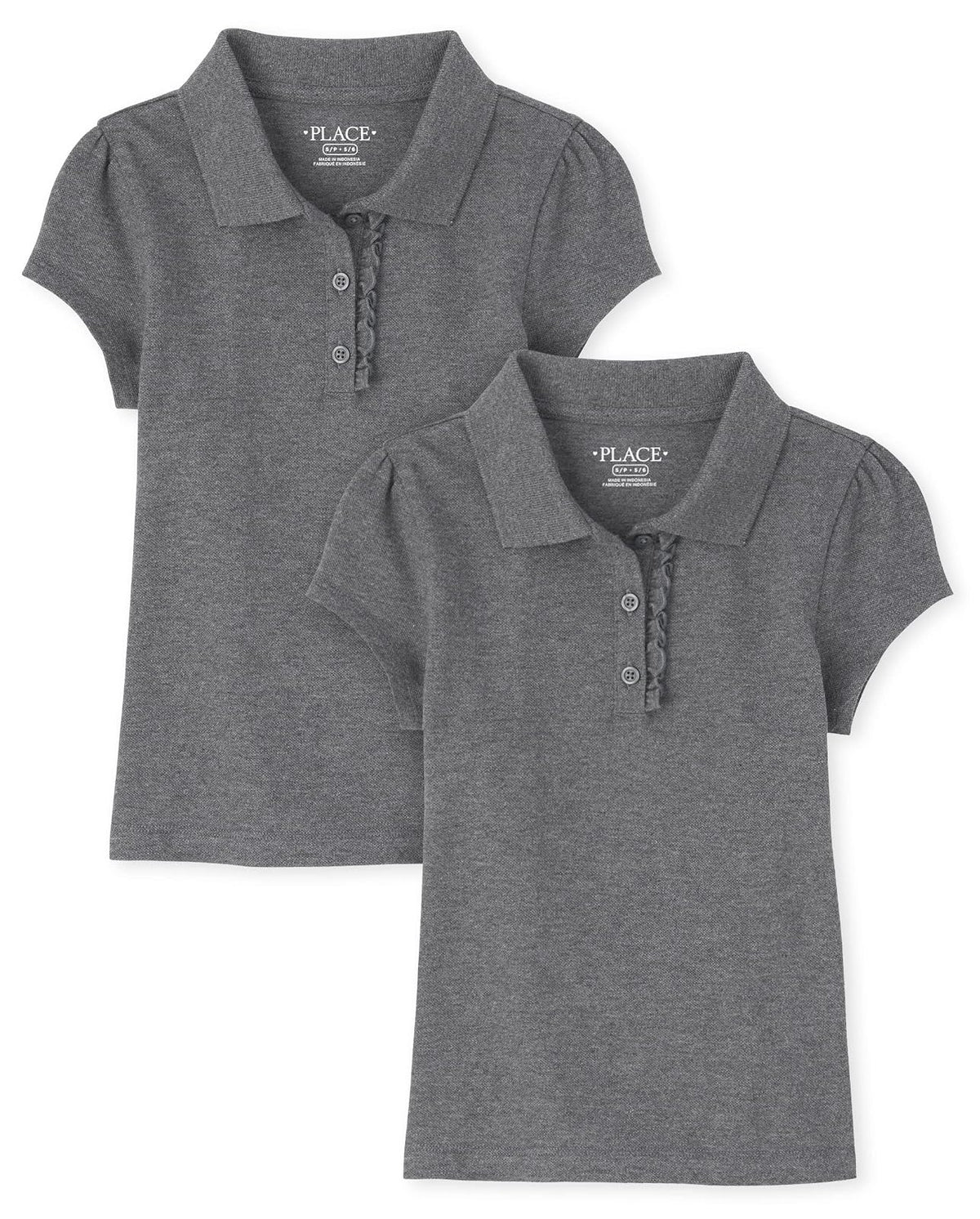 The Children's Place Polo Piqué Manga Corta con Volantes Niña - G - Gris jaspeado oscuro, paquete de 2