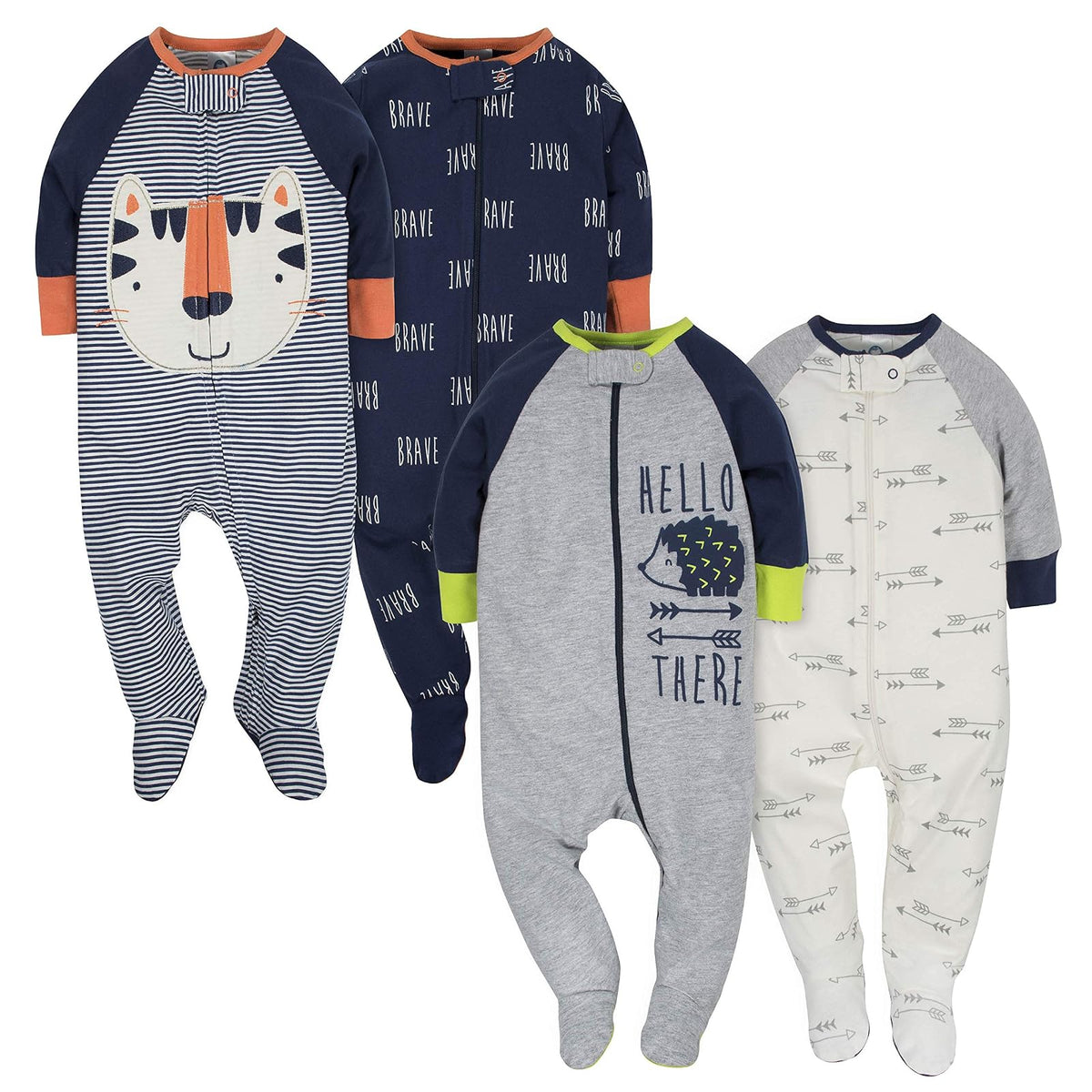 Gerber Paquete de 4 Mamelucos Sleep 'N Play para Bebé - Tigre - erizo - 0-3 Meses