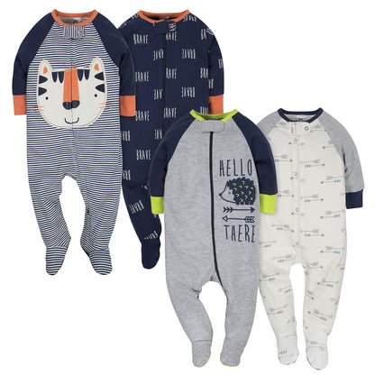 Gerber Paquete de 4 Mamelucos Sleep 'N Play para Bebé - Tigre - erizo - 0-3 Meses