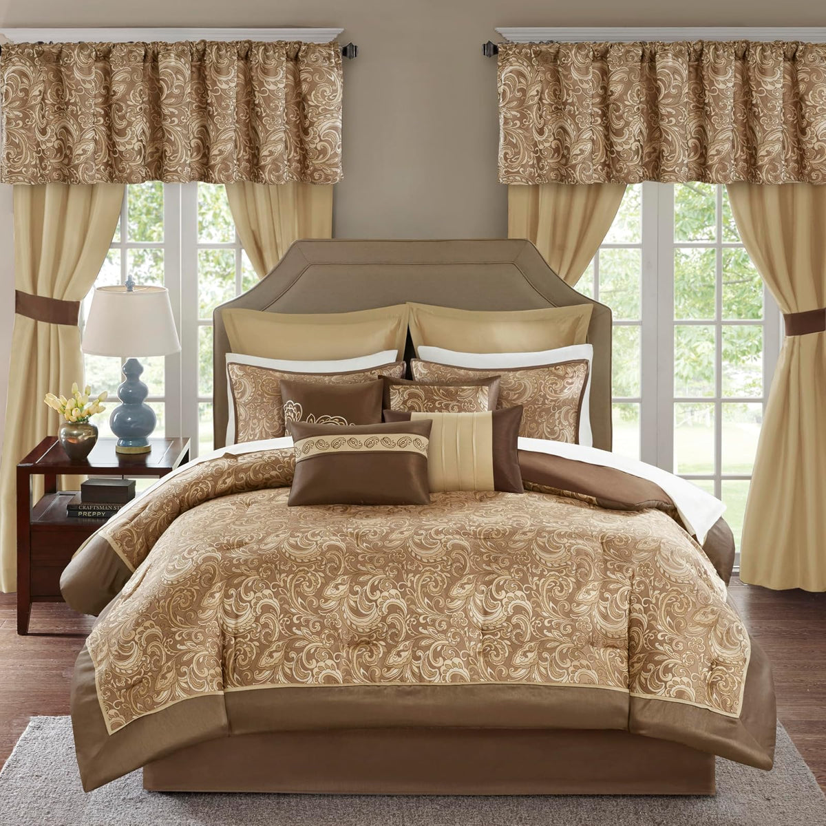 Madison Park Essentials Edredón Brystol Queen | 24 piezas, café, cachemira jacquard, seda sintética, hipoalergénico, juego para habitación
