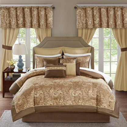 Madison Park Essentials Edredón Brystol Queen | 24 piezas, café, cachemira jacquard, seda sintética, hipoalergénico, juego para habitación
