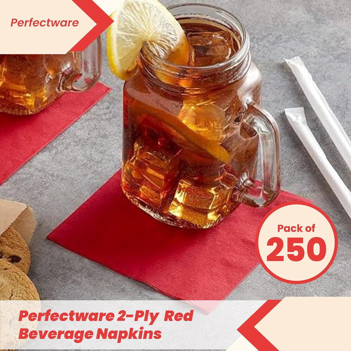Perfectware - Servilletas de bebidas rojas PW-2 Ply Red Bev-250 de 2 capas, paquete de 250 unidades