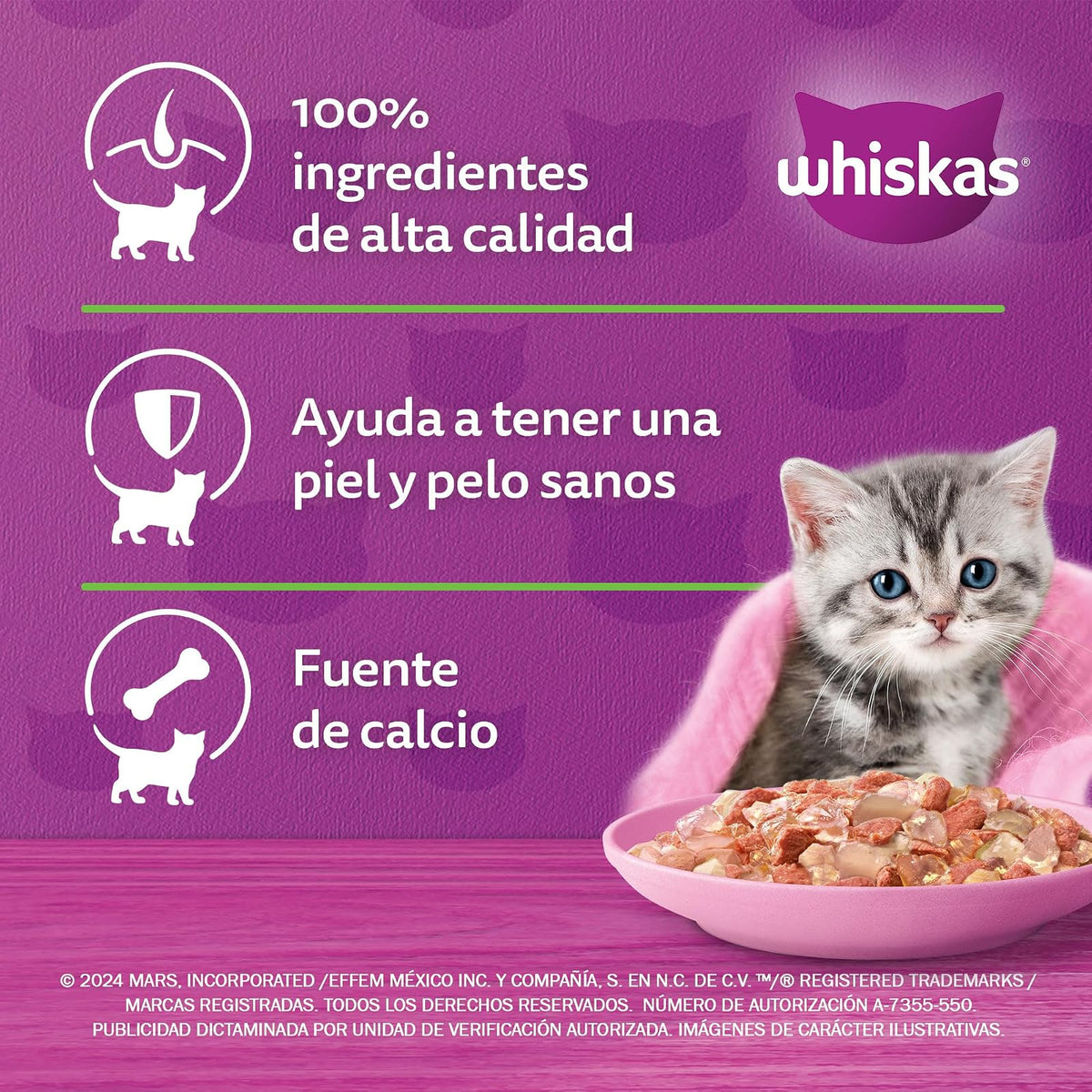 Whiskas - Alimento Húmedo para Gatitos, Sabor Soufflé de Res, con Proteína, Zinc, Vitamina E y Fibra, 24 Sobres para Gato, 85 gr. c/u