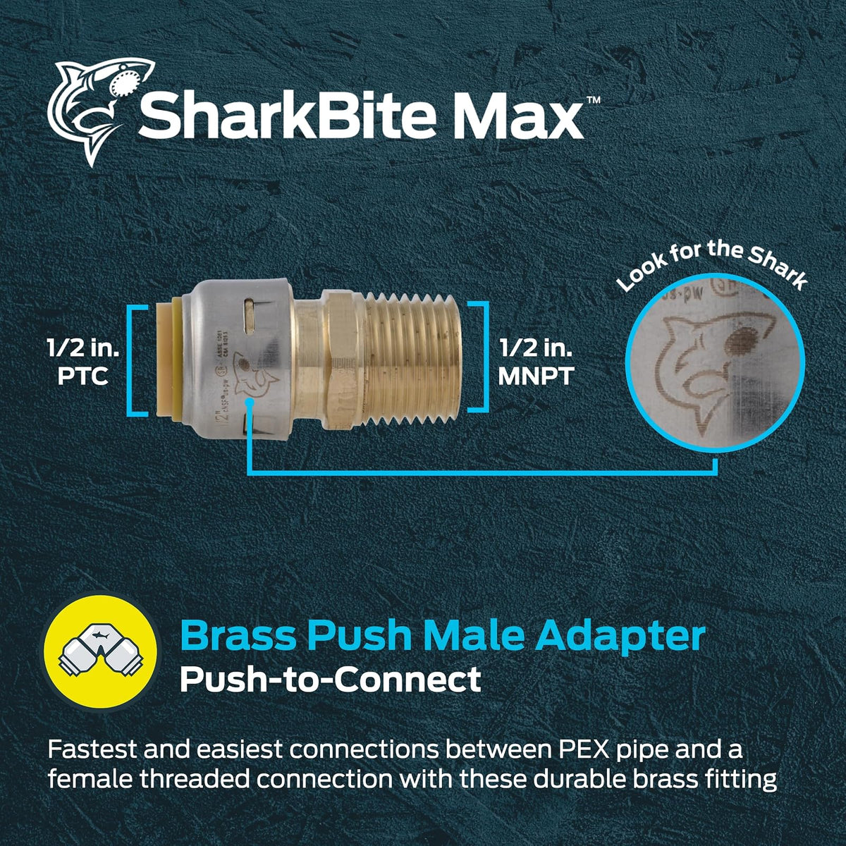 SharkBite - Adaptador Macho de Latón de 1/2 Pulgadas, Ajuste de Fontanería de Latón a Presión para Conectar, Tubería PEX, Cobre, CPVC, PE-RT, HDPE, UR120A