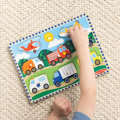 Melissa & Doug Rompecabezas de Vehículos con Clavijas, Juguete de Madera, Coloridas Ilustraciones de Vehículos, Construcción de Madera Extra-Gruesa (8 Piezas)