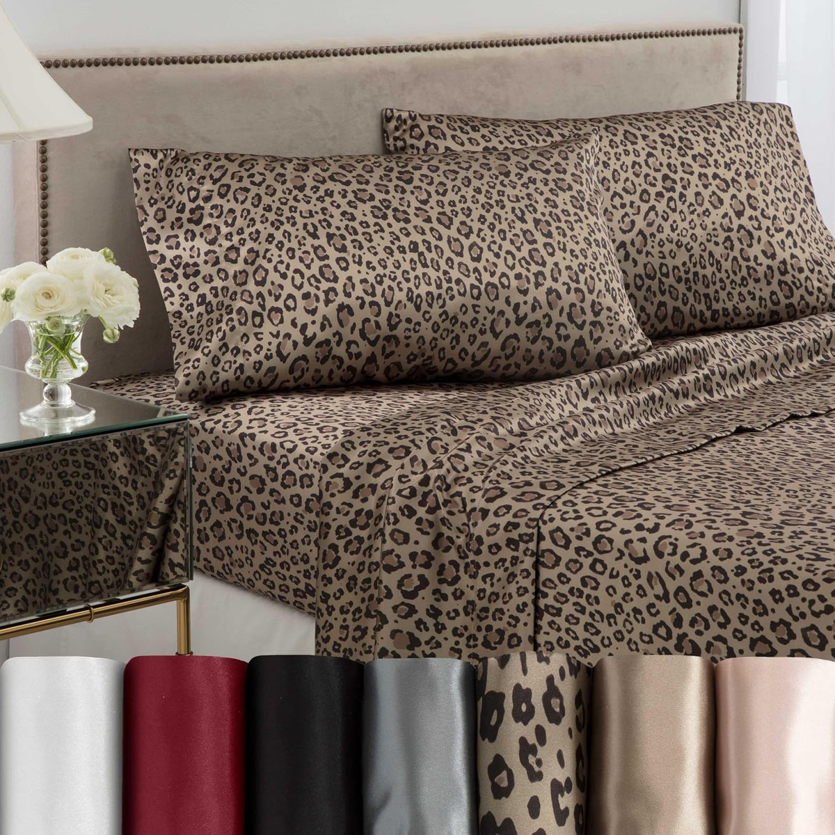Martex Elegance - Juego de sábanas de satén de 4 Piezas, tamaño King, Calidad de Hotel de Lujo, Estampado de Leopardo, Sedoso Suave y Suave, café