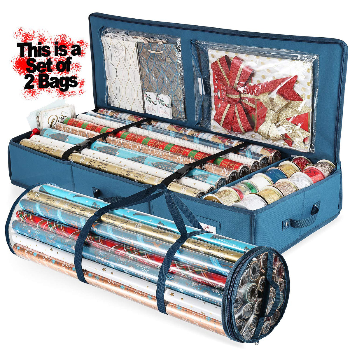 Hearth & Harbor - Contenedor de almacenamiento de papel para envolver y soporte de papel transparente, bolsa de almacenamiento de Navidad con bolsillos interiores, se adapta a hasta 36 rollos de 40