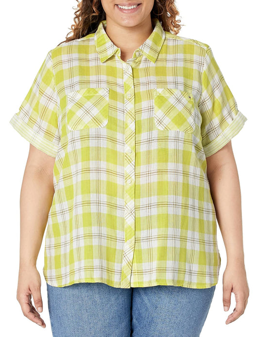 Tommy Hilfiger Camisa de Manga Corta para Campamento, Estampado Pindot Camisa de Botones para Mujer