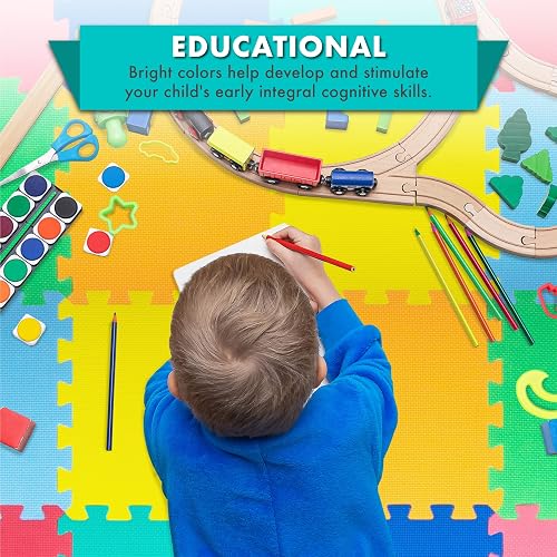 ProSource Baby Play Mat, Soft Foam Floor Tiles for Kids, Interlocking EVA Panels for Playpen Use, Crawling Development Surface, Safe Non-Toxic Toddler Flooring, 16 Tiles, Multicolor