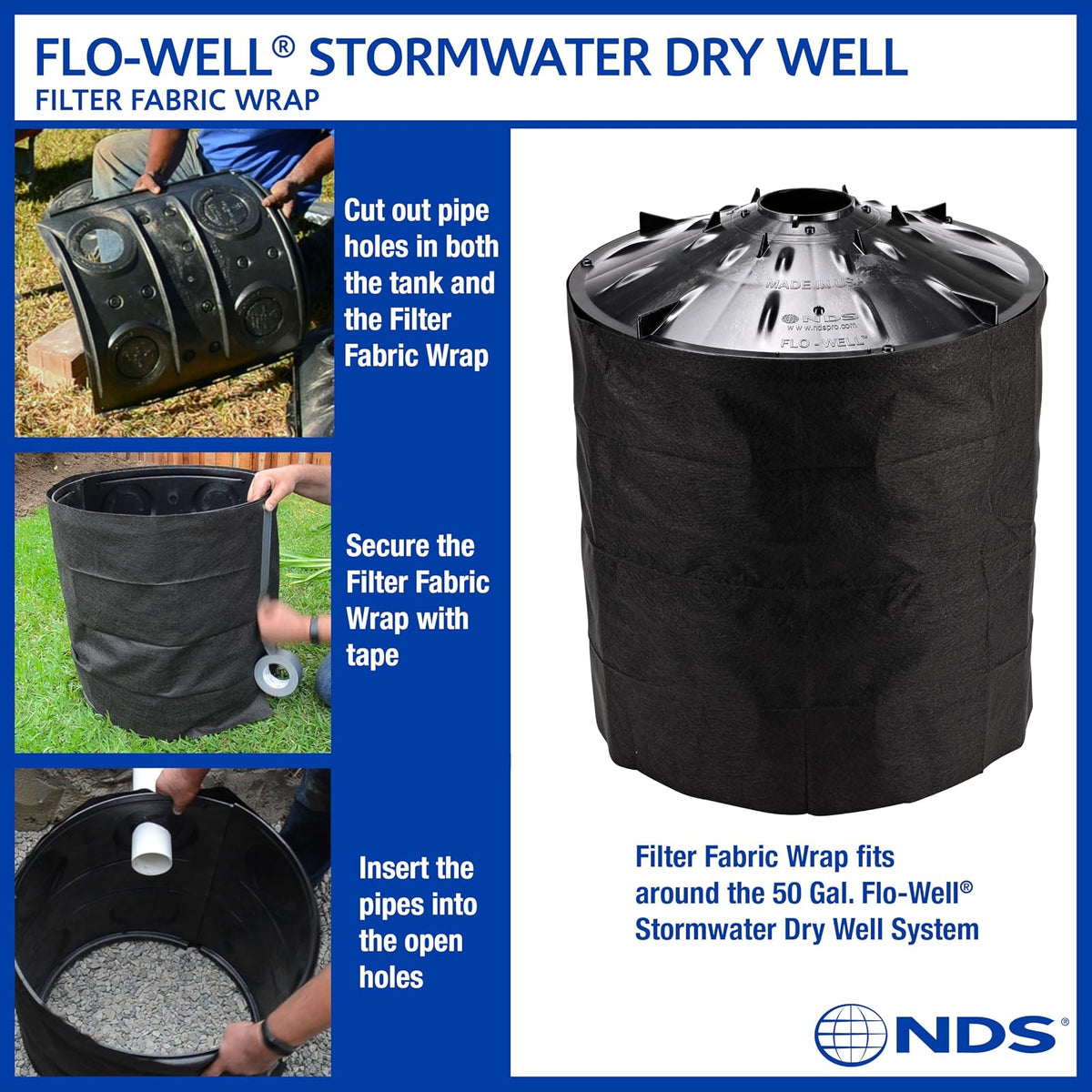 Flo-Well 28.75” 40 Gal Drainage Tank - Catch Basin Landscaping Water Diverter - Gutter to Dry Well Advanced French Drain System - Drainbox for Outdoor Surface Catch Basins - Rainwater Lawn Treatment
