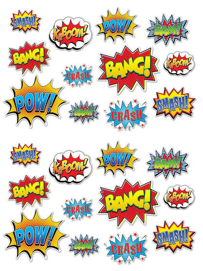 Beistle Hero Action Sign Cut Outs 24 Piece Comic Decorations Birthday Party Supplies 6” – 12.5”, Multicolored