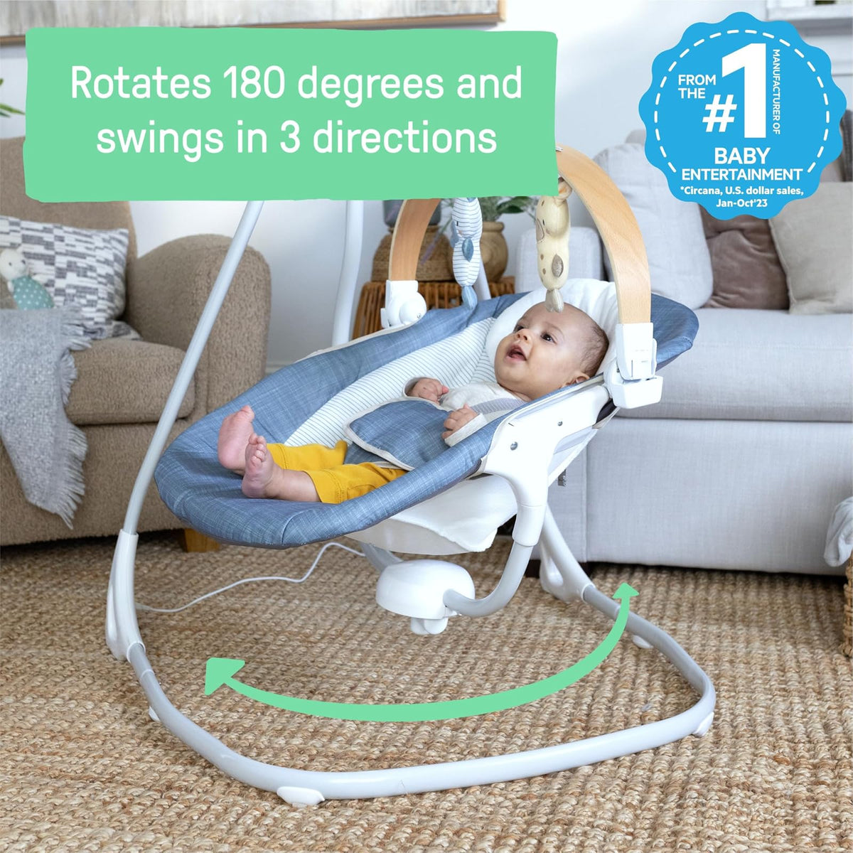 Ingenuity SimpleComfort - Columpio calmante compacto, barra de juguetes giratoria, asiento giratorio, 6 velocidades, para edades de 0 a 9 meses, hasta 20 libras, Chambray