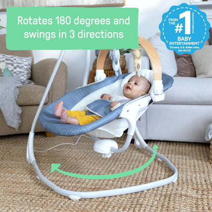 Ingenuity SimpleComfort - Columpio calmante compacto, barra de juguetes giratoria, asiento giratorio, 6 velocidades, para edades de 0 a 9 meses, hasta 20 libras, Chambray