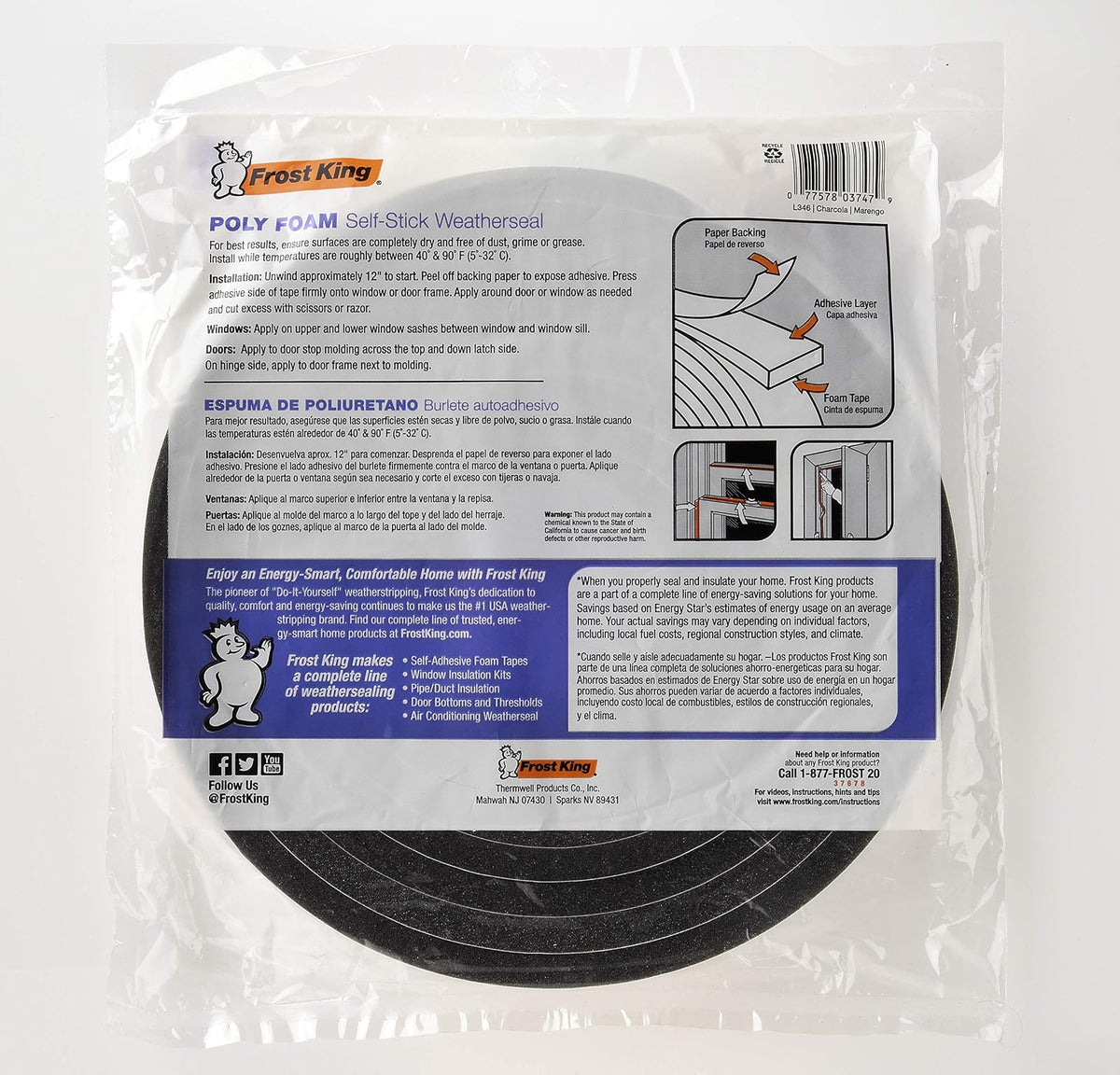 Frost King L341h - Cinta de espuma de poliuretano, 3/4"W, 1/2"T, Carbón