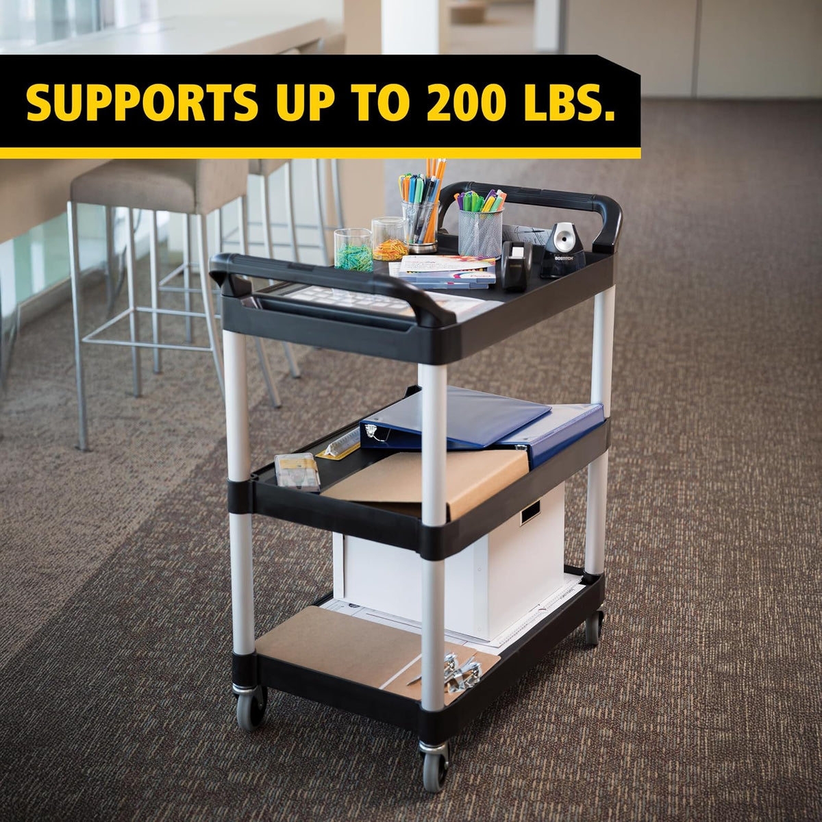 Rubbermaid Commercial Products (FG330400CLR) servicio de rodamiento de 3 estantes, servicio de utilidad/carrito de empuje, 90 libras. Capacidad, Negro, para servicio de comida/restaurante/limpieza