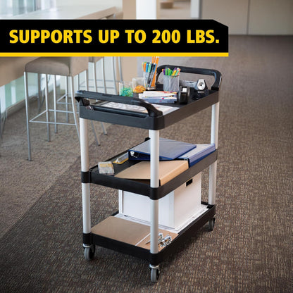 Rubbermaid Commercial Products (FG330400CLR) servicio de rodamiento de 3 estantes, servicio de utilidad/carrito de empuje, 90 libras. Capacidad, Negro, para servicio de comida/restaurante/limpieza