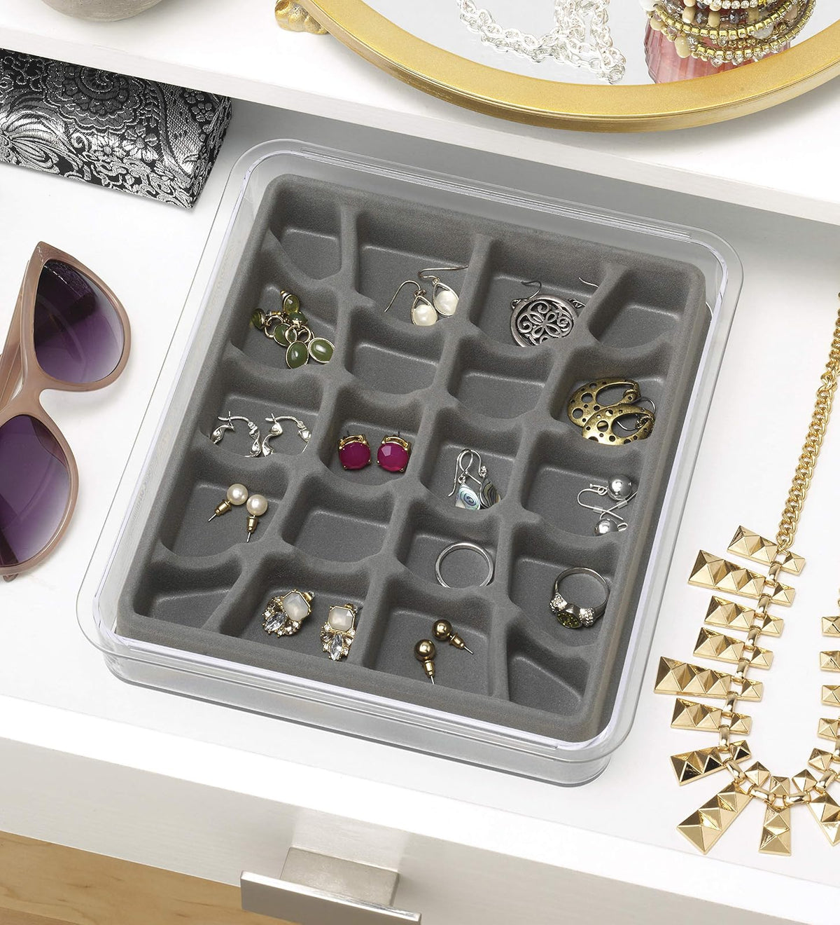 Whitmor Bandeja apilable para Joyas, 20 Secciones, Color Gris