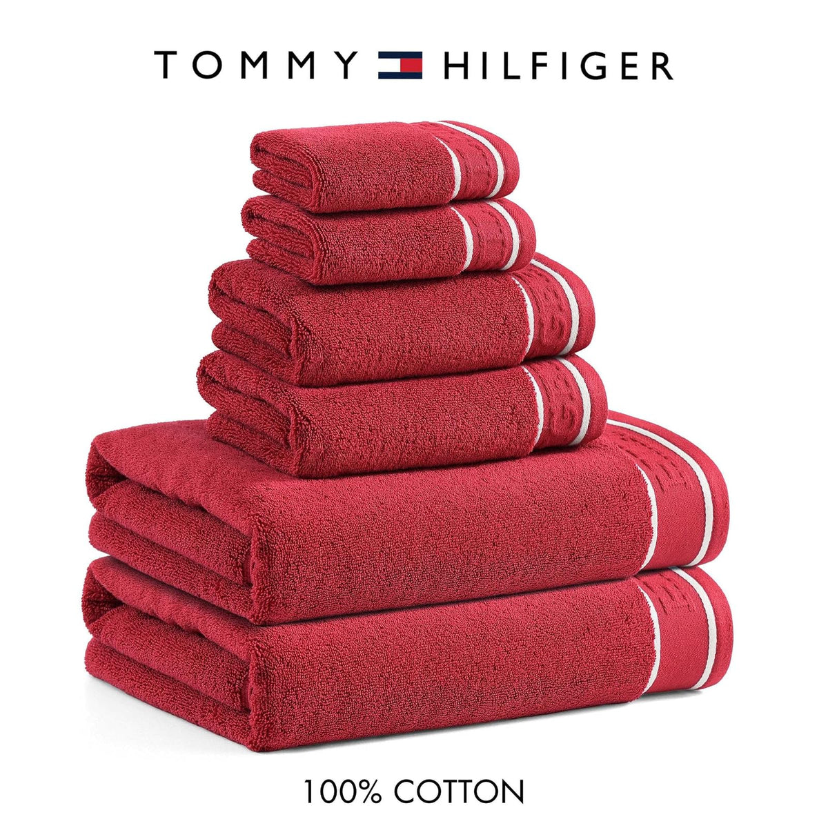 Tommy Hilfiger - Juego de Toallas de baño, algodón Suave y Absorbente, de Secado rápido y construcción Cero torsión, diseño Moderno (Rojo heredado, 6 Piezas)