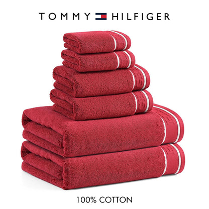 Tommy Hilfiger - Juego de Toallas de baño, algodón Suave y Absorbente, de Secado rápido y construcción Cero torsión, diseño Moderno (Rojo heredado, 6 Piezas)
