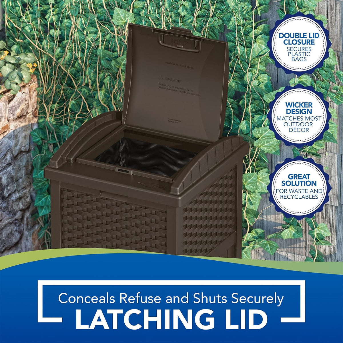 Suncast - Escondite de Basura Comercial para Exteriores de 33 galones con Tapa para Bolsas de Basura de 30 a 33 galones para cochera, Patio Trasero o jardín, café