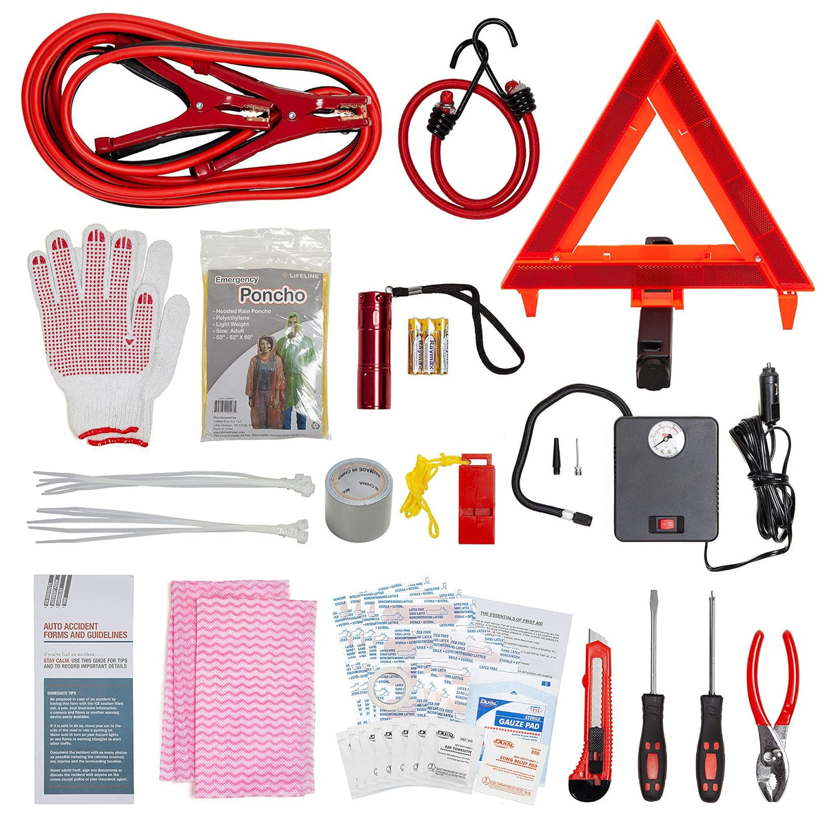 Lifeline 4388AAA AAA Excursion Road, 76-Piece Car Air Compressor, Jumper Cables, Flashlight and First Aid Kit