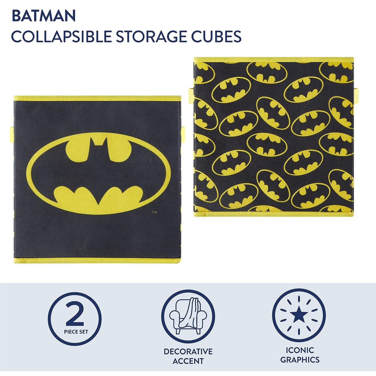 Idea Nuova Batman - Juego de 2 Cubos de Almacenamiento Plegables de Tela para niños, Cajas organizadoras con Logotipo icónico - Almacenamiento de clóset y Juguetes - Contenedores de Cubos de