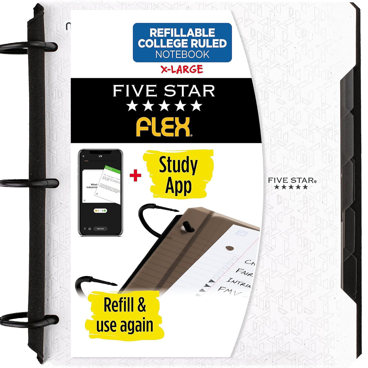 Five Star Flex Hybrid NoteBinder, 80 Hojas Rayadas, 3 Anillos TechLock 1 1/2", Blanco